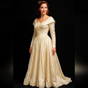 RARE 1940s HANDMADE IVORY SATIN & LACE BRIDAL GOWN HOLLYWOOD GLAMOUR LONG SLEEVE